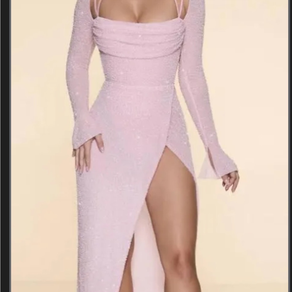Oh Polly long sleeve embellished light pink maxi dress